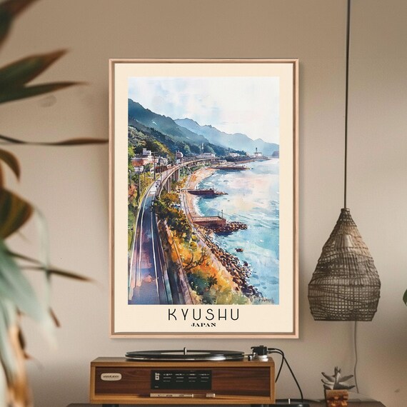 Kyushu Japan Coastal Railway Shore Blue Sea Mountain Coast Poster