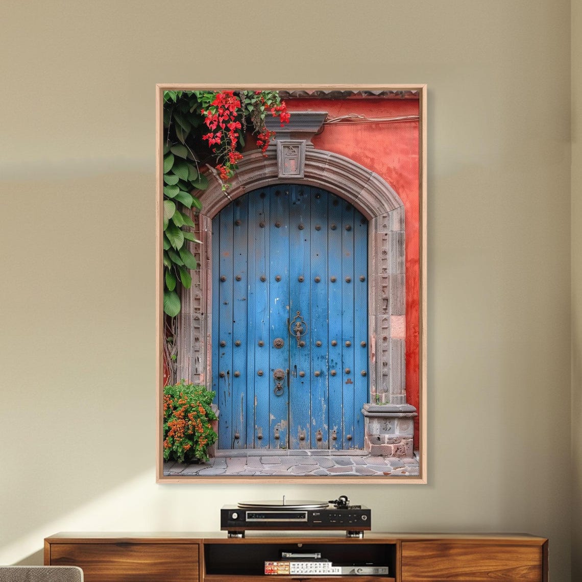 Traditional Mexican Style Rustic Blue Door Tall Art Framed Print Featuring Detailed Architecture - Image 3