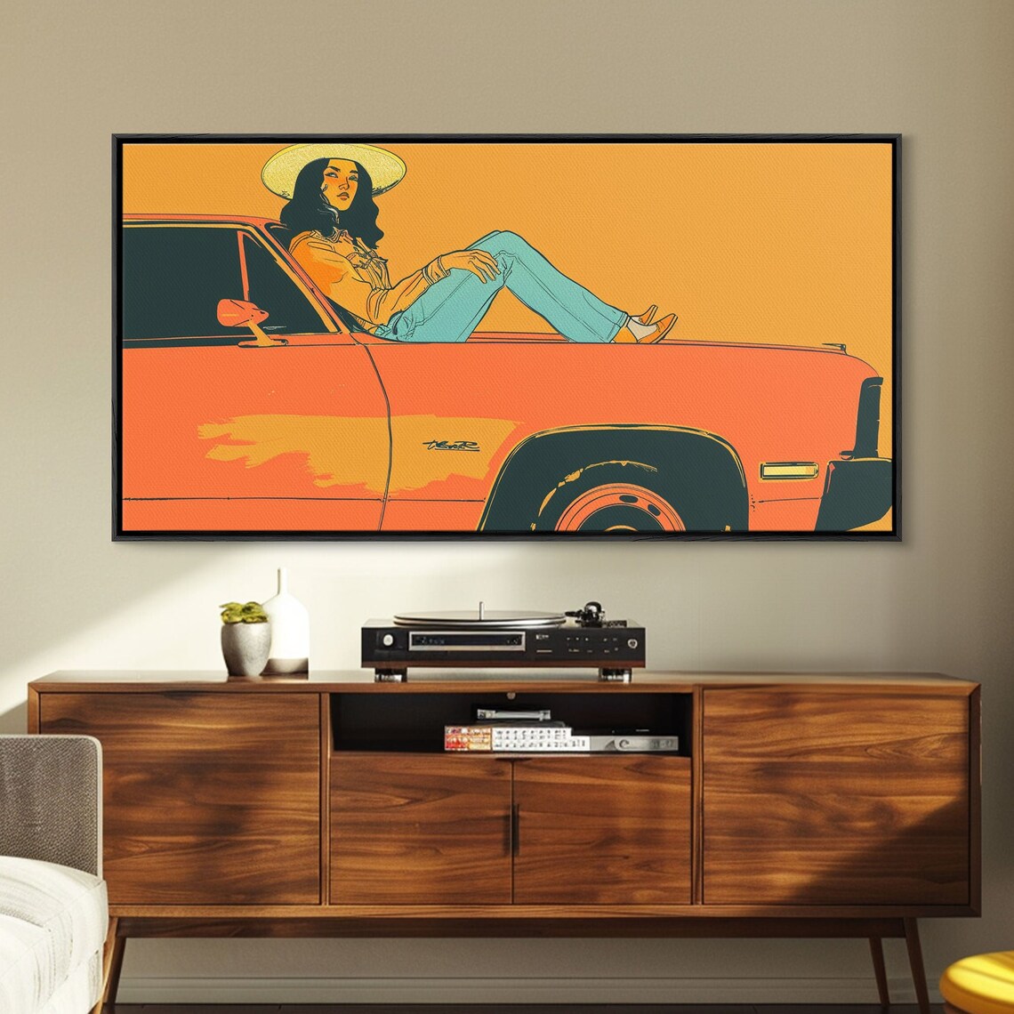 Retro Cowgirl Sitting On Orange Classic Car Hood Pop Art Poster - Image 5