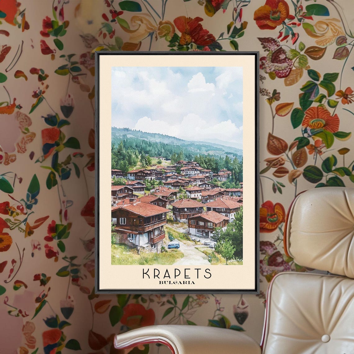 Krapets Bulgaria Red Roof Village Green Hills Watercolor Poster - Image 2