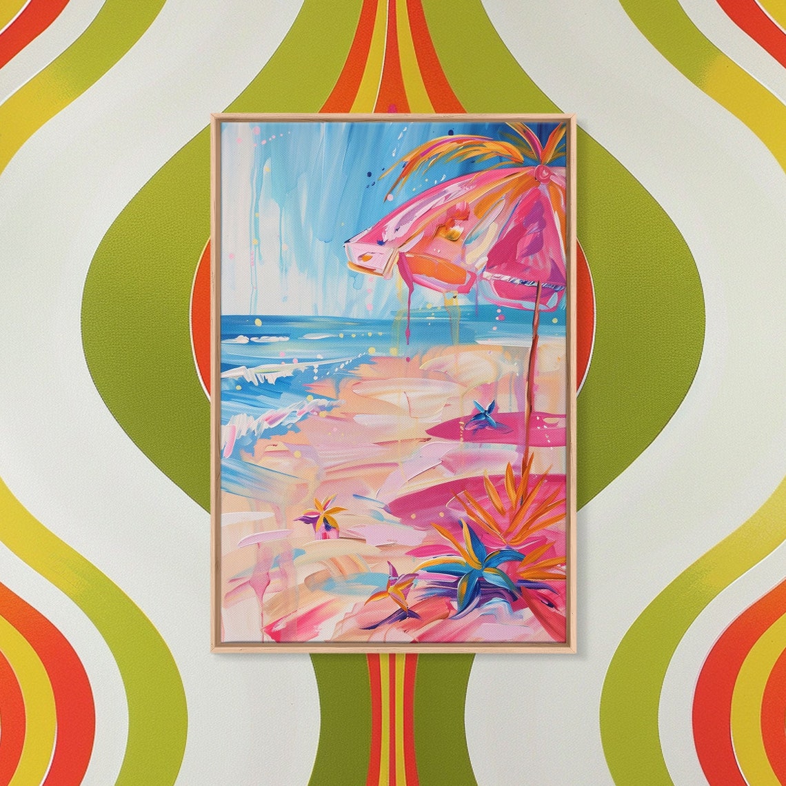 Tropical Beach Pink Umbrella Palm Ocean Coastal Summer Art Poster - Image 2