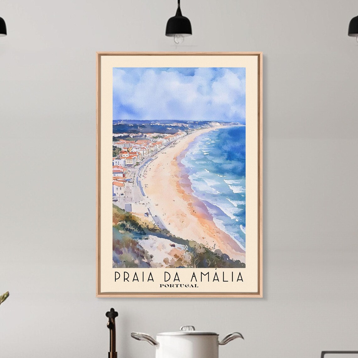 Praia da Amalia Portugal Beach Town Red Roofs Coast Watercolor Poster - Image 6