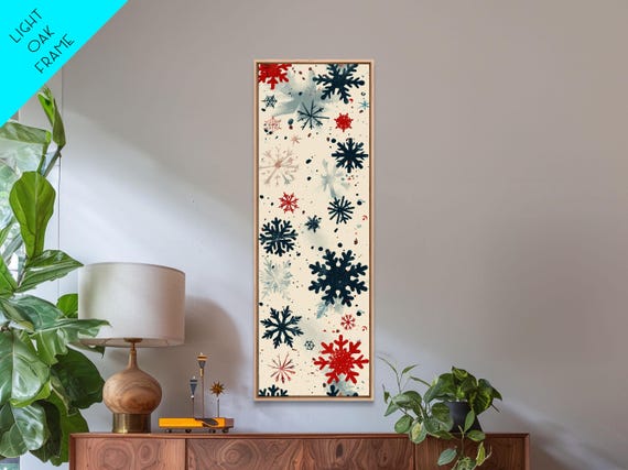 Festive Snowflakes In Red Blue And White On A Cream Background Skinny Art Tall Wall Art Framed Print Japanese Style Art