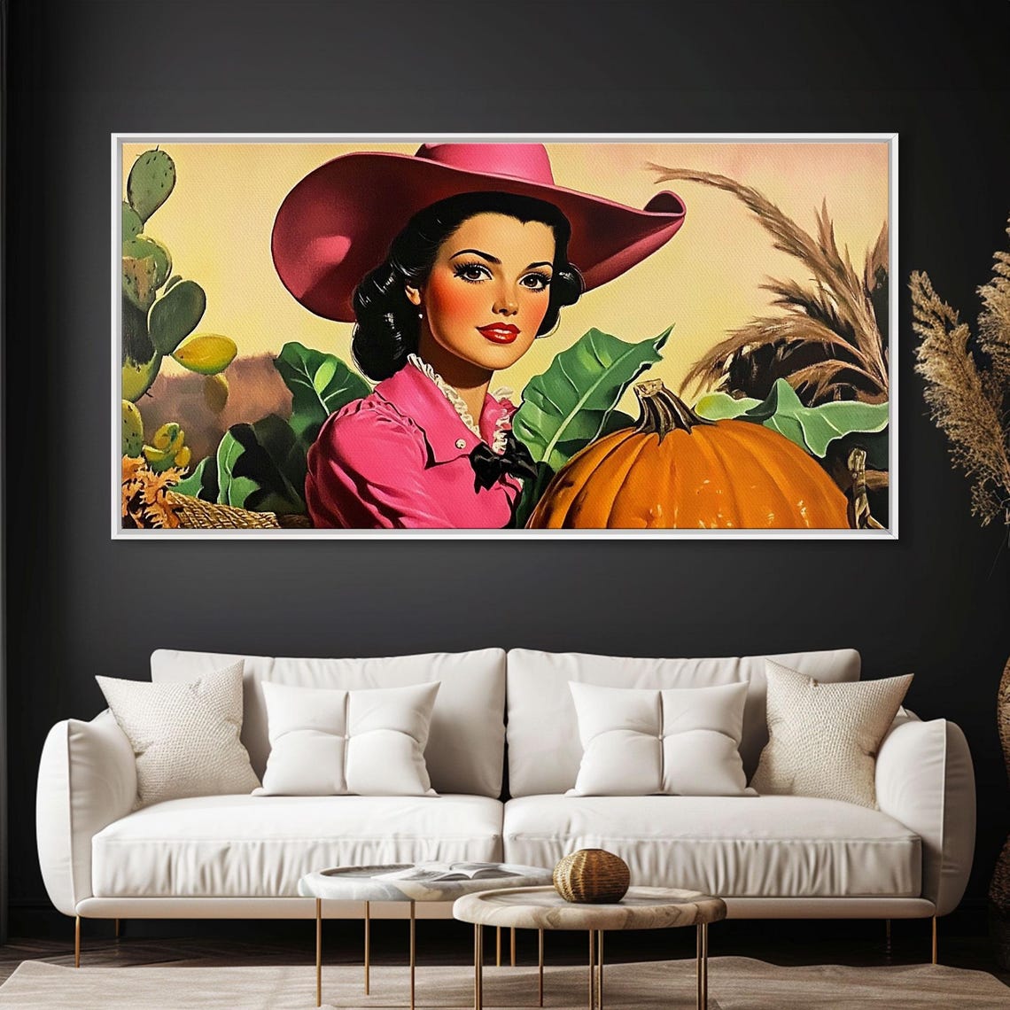Retro Pinup Cowgirl In Pink Hat At Pumpkin Patch Autumn Harvest Poster - Image 4