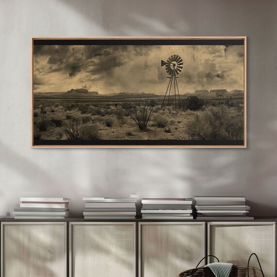 Rustic Windmill In Desert Landscape Framed Print For Western Style Living Room Perfect Bedroom Wall Art Vintage Decor