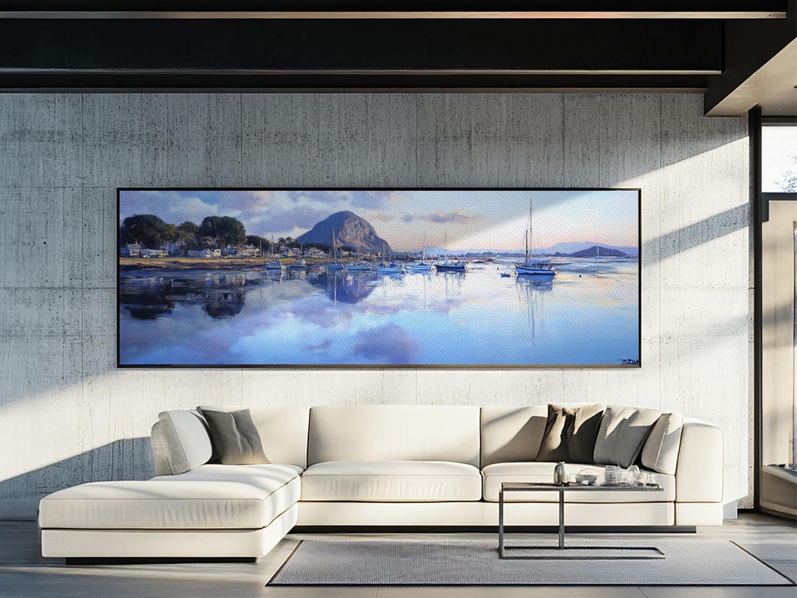 Morro Bay California Harbor Sunset Panoramic Coastal Painting Poster