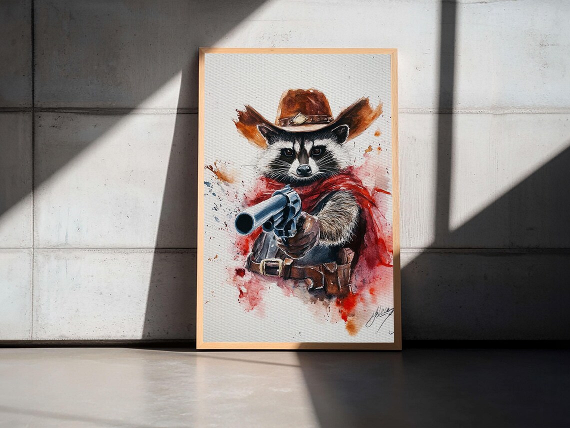 Cowboy Raccoon With Revolver Watercolor Wild West Animal Poster - Image 5