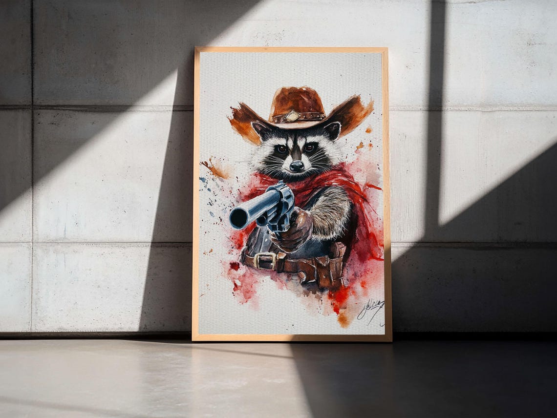 Wild West Racoon Cowboy Watercolor Painting Print Rustic Home Decor Framed Ready To Hang Nuevart - Image 5
