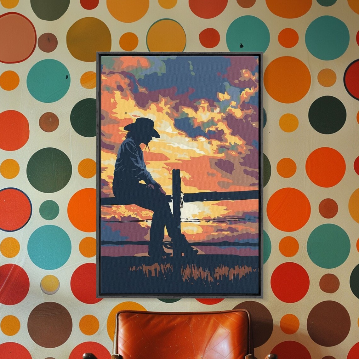 Cowboy Silhouette Fence Sunset Colorful Western Pop Art Poster - Image 3