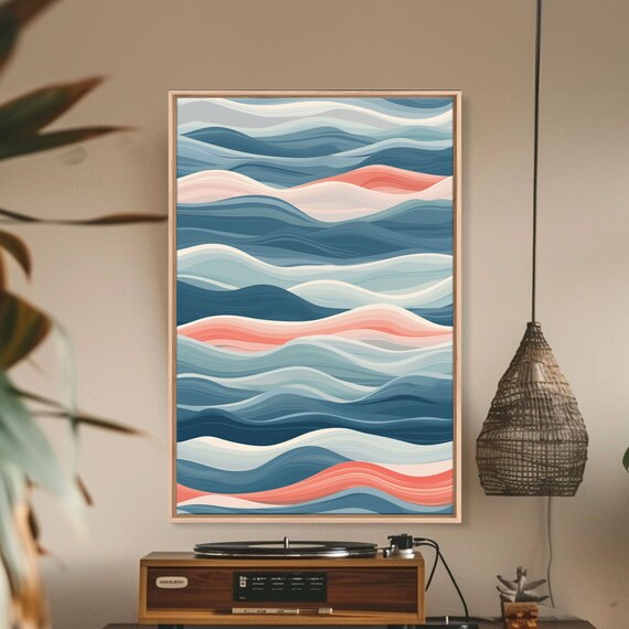 Abstract Ocean Waves Flowing Lines Blue Coral Modern Wall Art