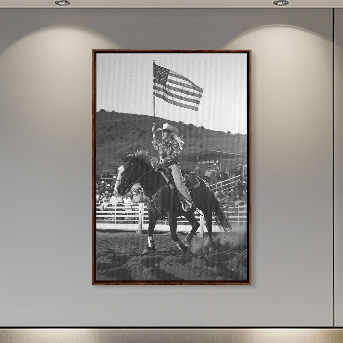 Cowgirl Carrying American Flag On Horse At Rodeo Black White Poster - Image 4