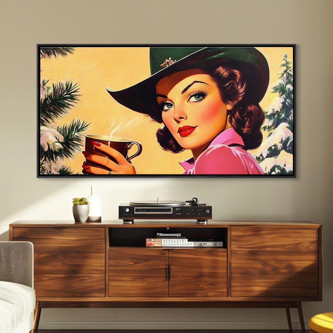 Retro Cowgirl In Green Hat With Coffee Snowy Winter Pines Pinup Poster - Image 2
