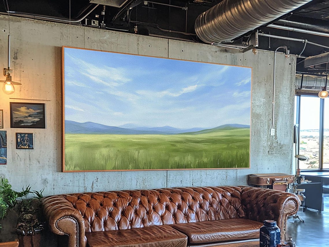 Green Meadow Under Blue Sky Minimalist Landscape Painting Wall Art - Image 5