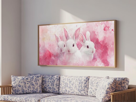 Three White Bunnies On Pink Watercolor Cute Rabbit Nursery Poster