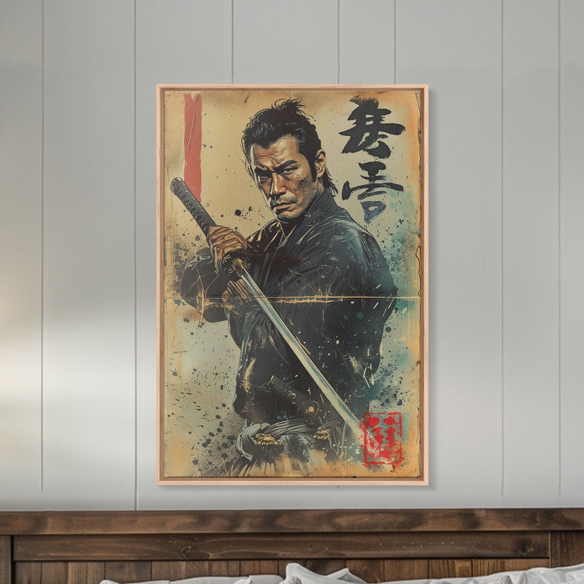 Samurai Holding Sword Paint Splatter Poster Japanese Vintage Style - Image 3