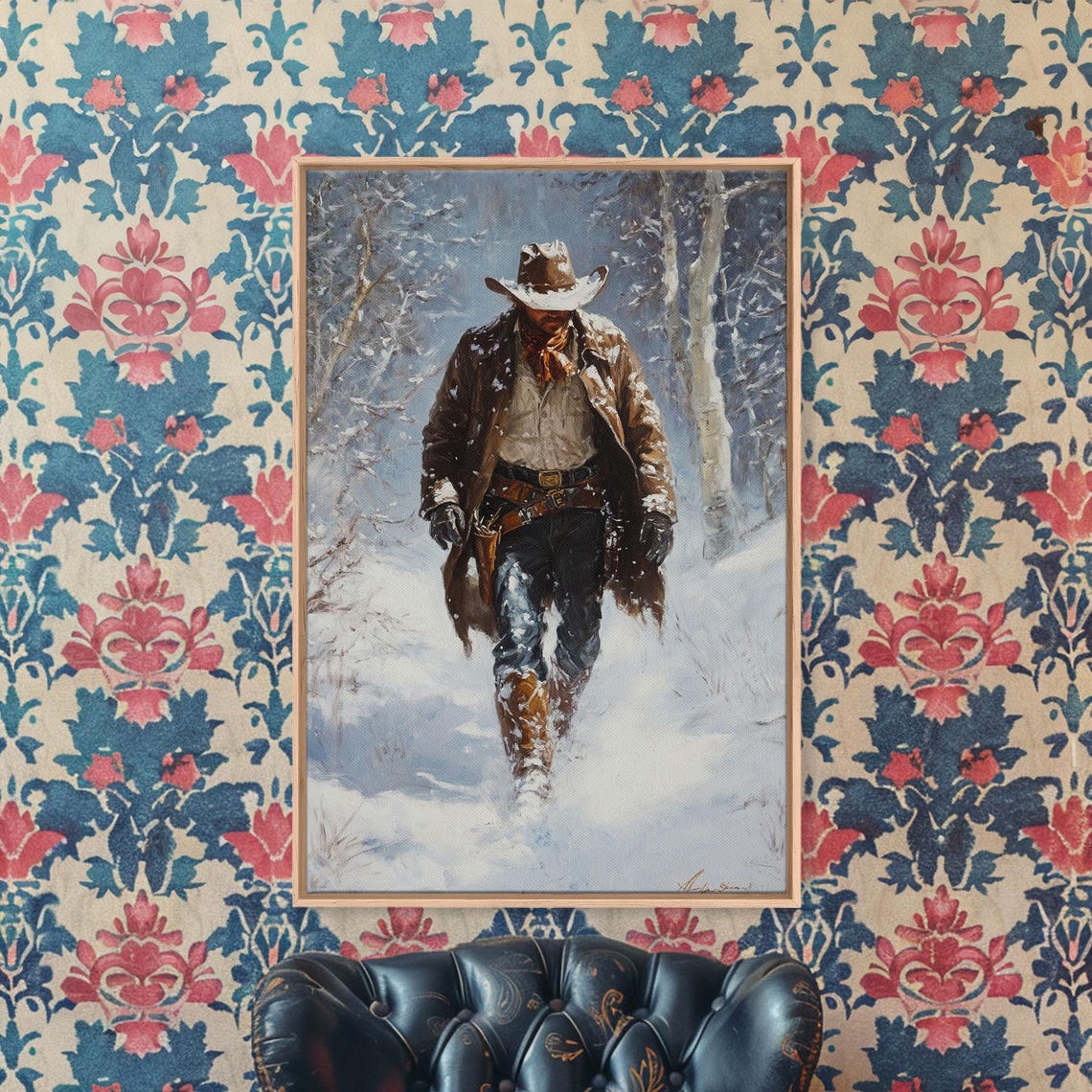 Lone Cowboy Walking Snowy Birch Forest Duster Coat Winter Poster - Image 2