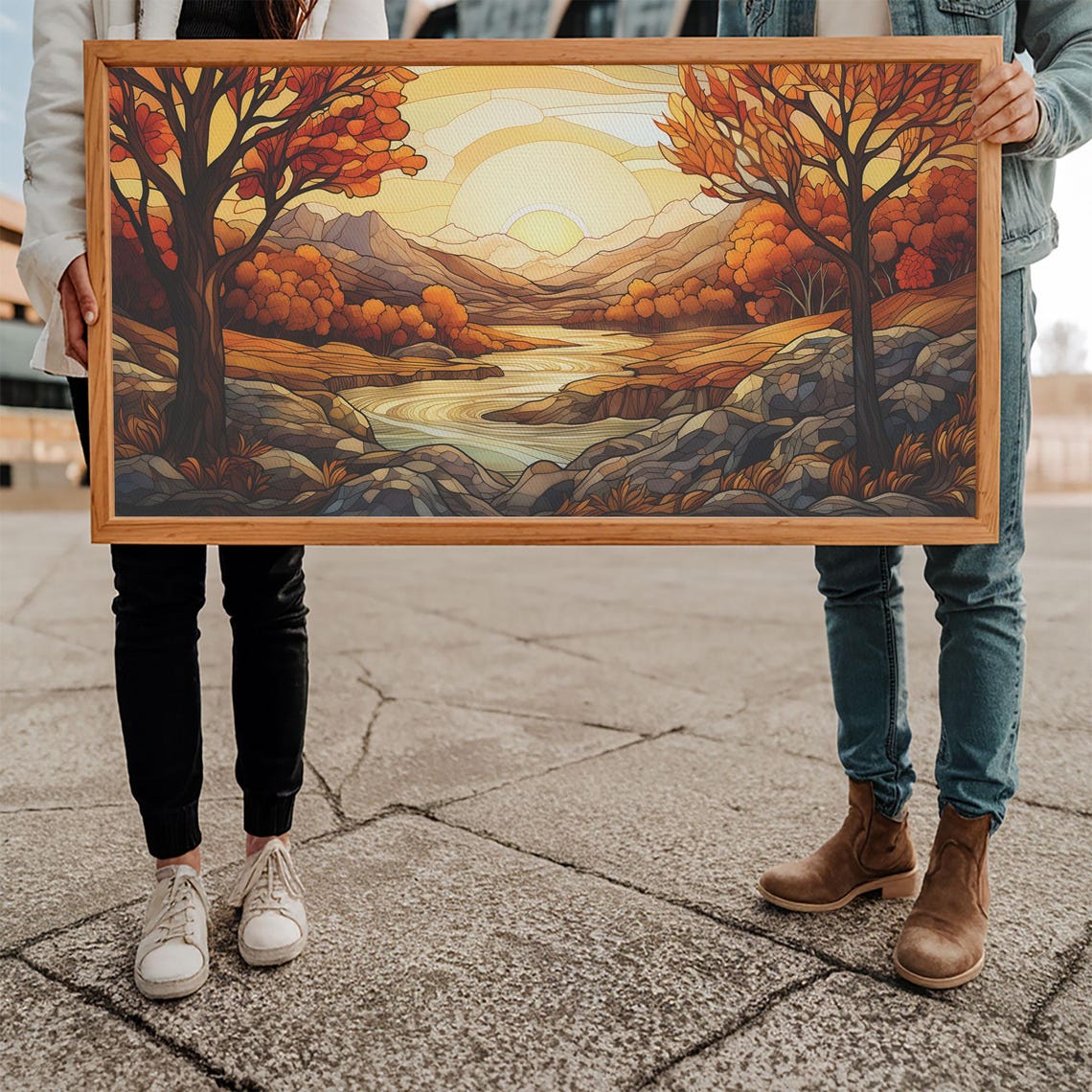 Stained Glass Autumn Sunrise Mountain River Landscape Art Poster - Image 5