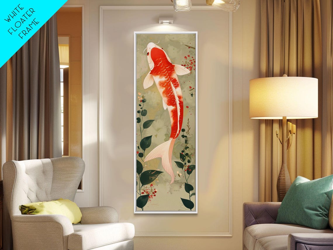 Red White Koi Fish Swimming Among Green Plants Japanese Wall Art - Image 3
