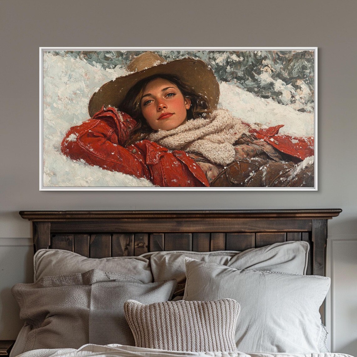 Cowgirl Lying In Snow In Red Jacket Peaceful Winter Portrait Poster - Image 6