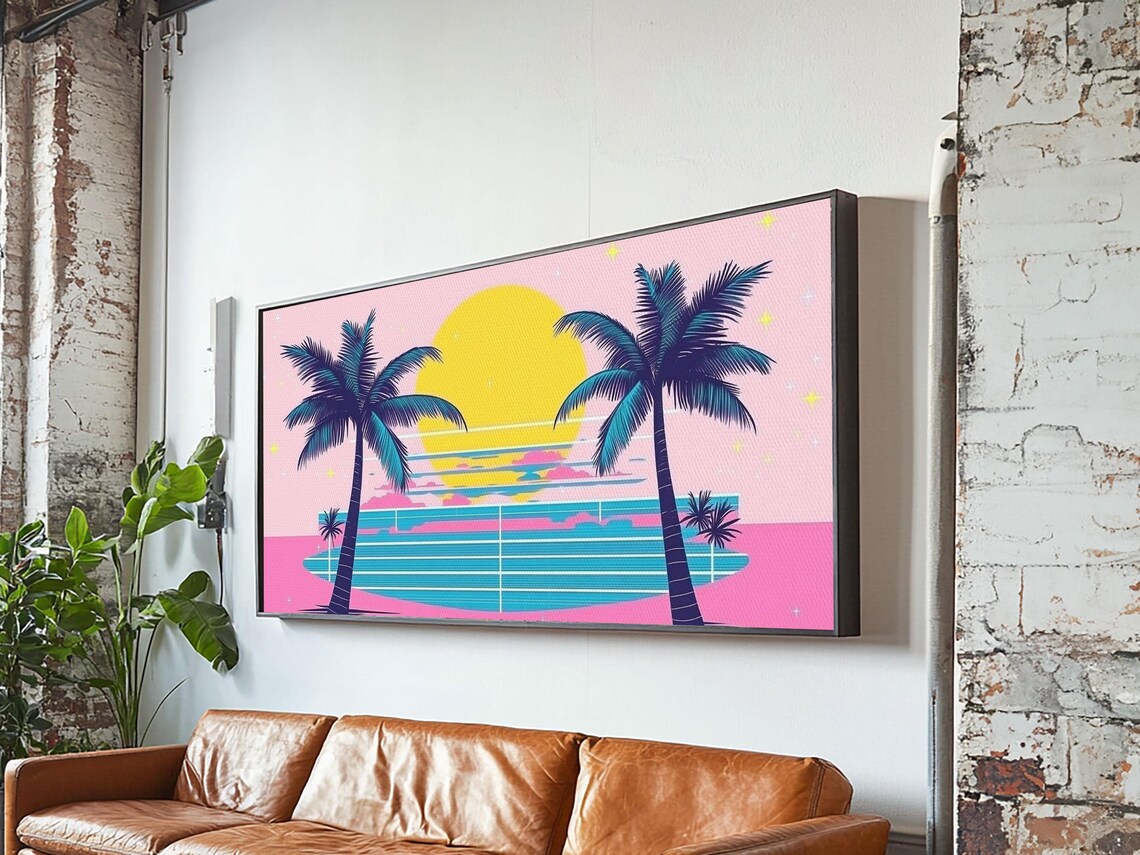 Retro Synthwave Outrun Art Print, Palm Trees Sunset - Image 2