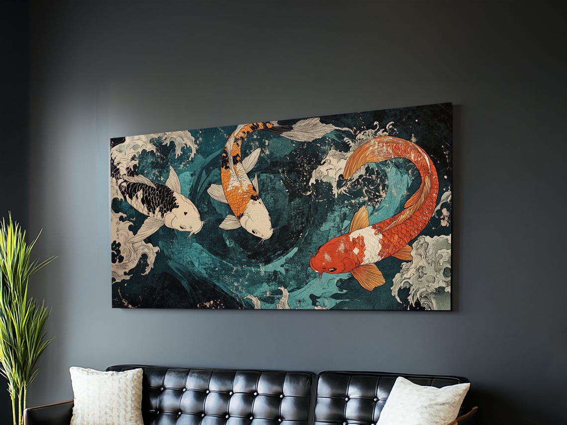 Three Koi Fish Swimming In Teal Water Japanese Style Painting Wall Art - Image 2