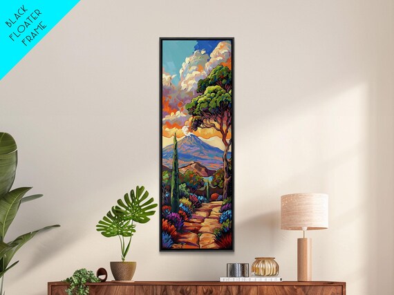 Colorful Textured Painting Of Erupting Volcano Landscape Tall And Narrow Vertical Art For Office Mountain Wall Art Prints Framed