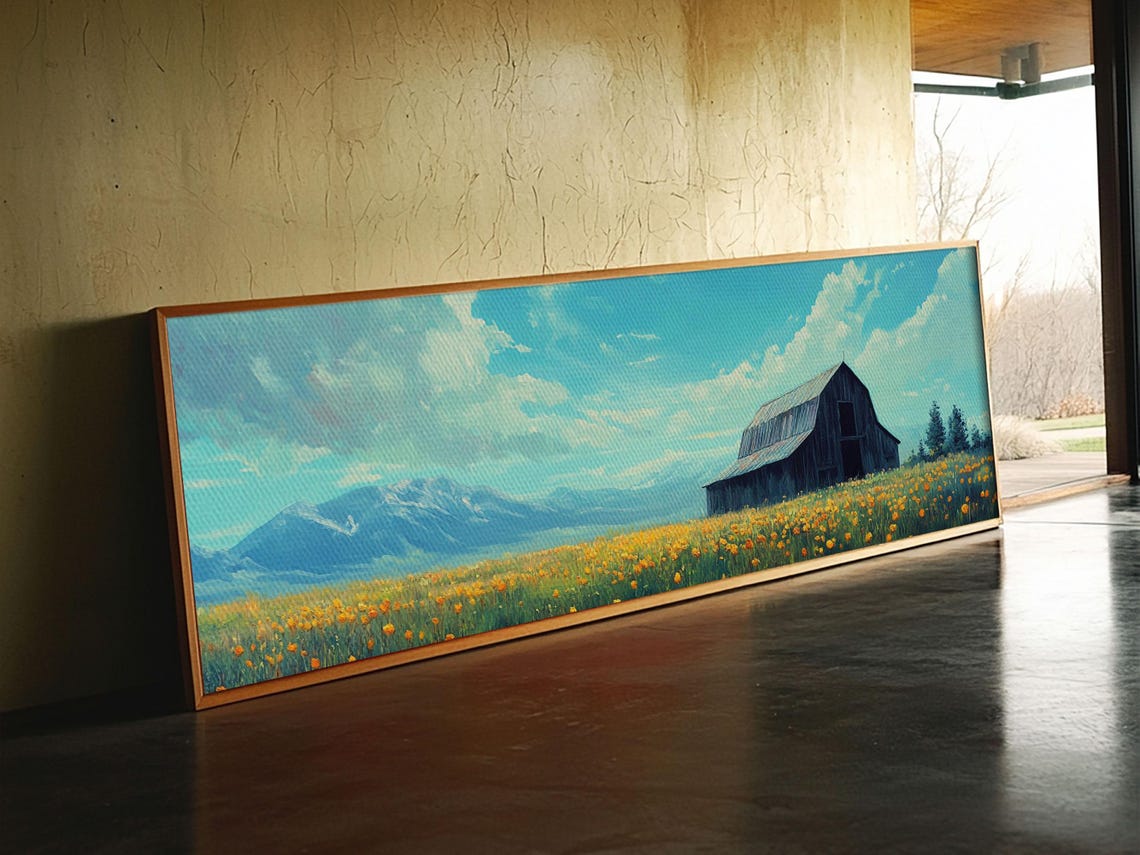 Dark Barn Yellow Wildflower Field Mountain View Panoramic Art Poster - Image 5