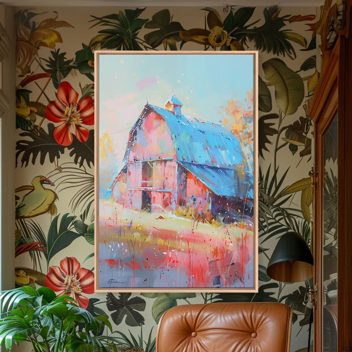 Pastel Pink Barn Blue Roof Wildflower Country Art Wall Poster