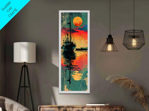 Fishing Boat Reflecting In Water With Vibrant Sunset Japanese Art Inspired Tall Framed Print For Wall Art