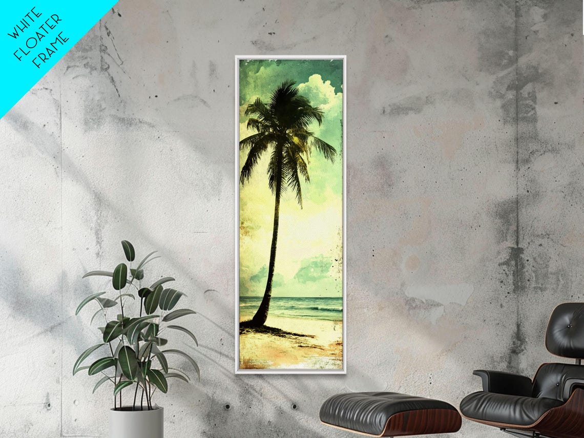 Tall Palm Tree Beach Vintage Green Coastal Waves Surf Wall Art - Image 5