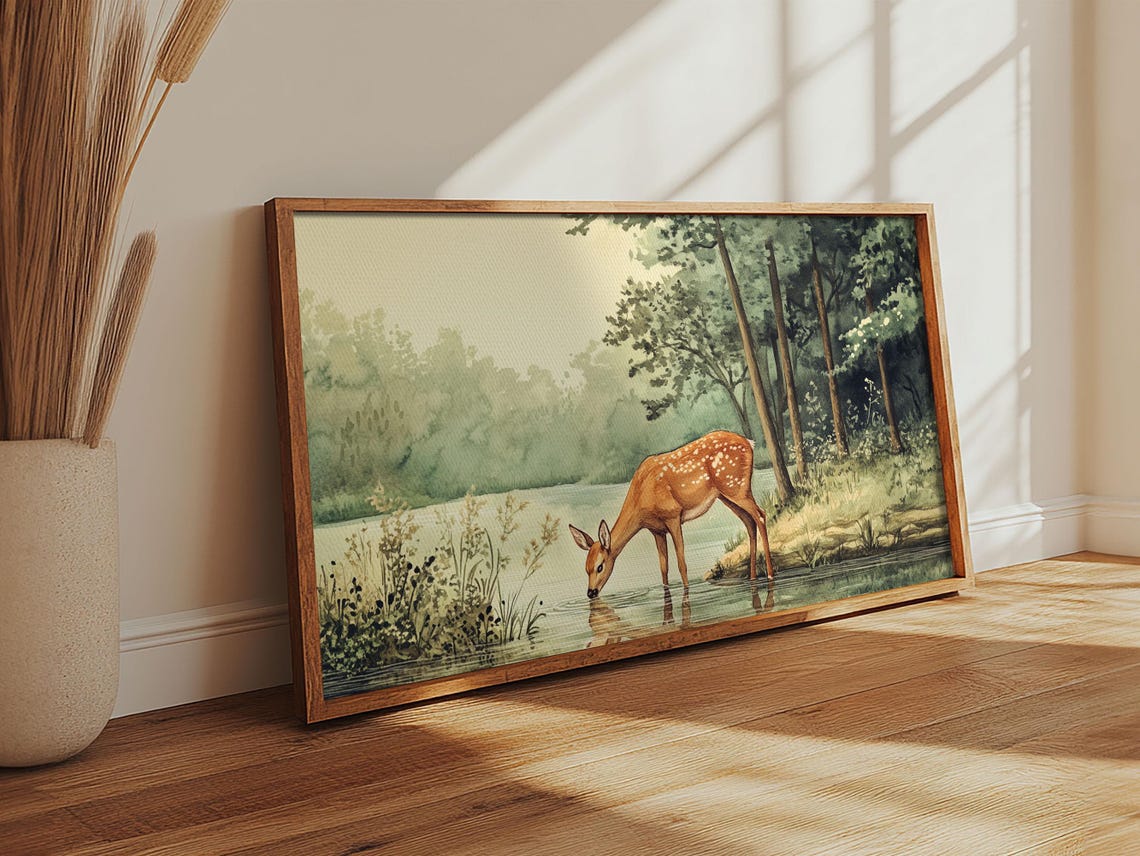 Deer Drinking At Forest Lake Misty Woods Watercolor Painting Print - Image 5