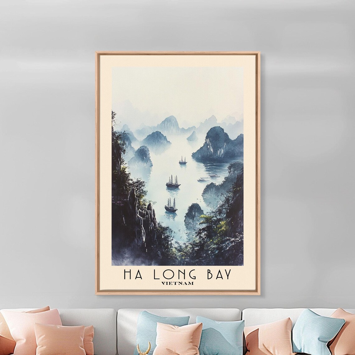 Ha Long Bay Vietnam Misty Limestone Karsts Junk Boats Watercolor Art Poster - Image 3