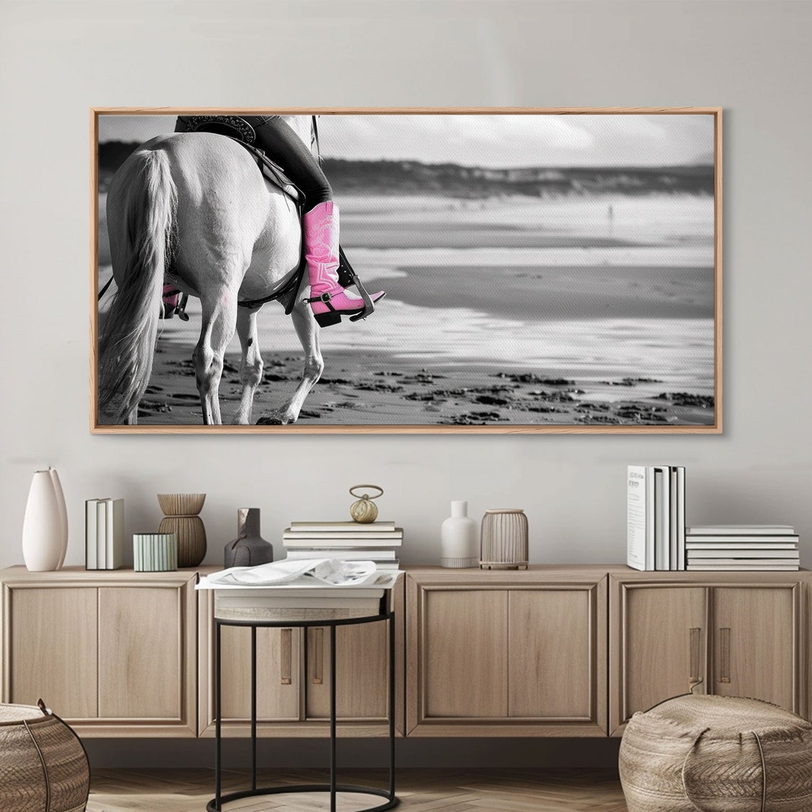 Pink Cowboy Boot On White Horse Beach Ride Selective Color Print - Image 4