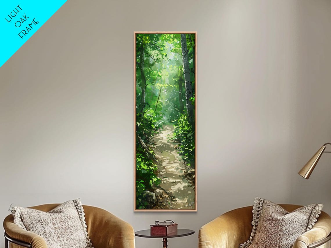 Sunlit Birch Forest Pathway Green Woodland Painting Wall Print - Image 2