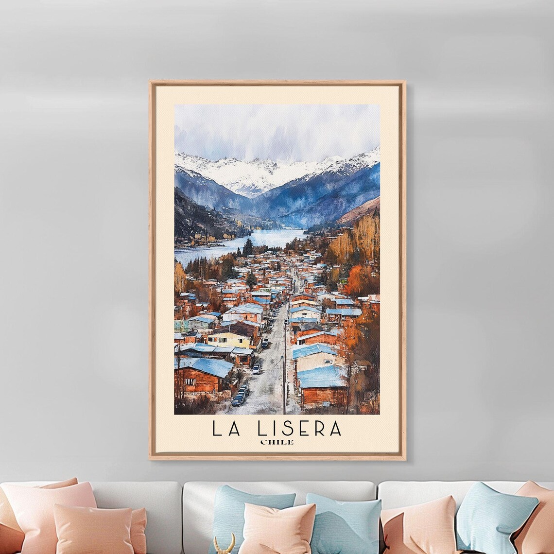 La Lisera Chile Snowy Andes Mountain Town Street Watercolor Poster - Image 2