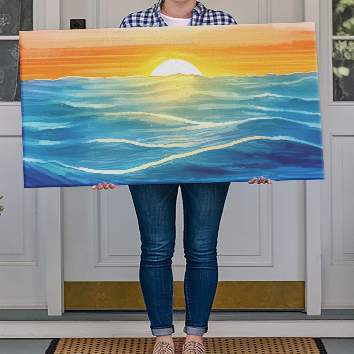 Ocean Sunset Seascape Watercolor Waves Golden Horizon Wall Art - Image 4