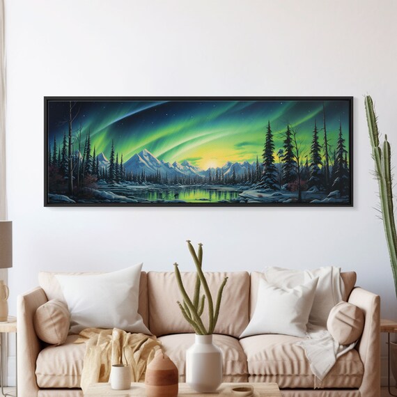 Aurora Borealis Framed Print Beautiful Alaskan Winter Landscape Painting Moody Art Unique Wall Art