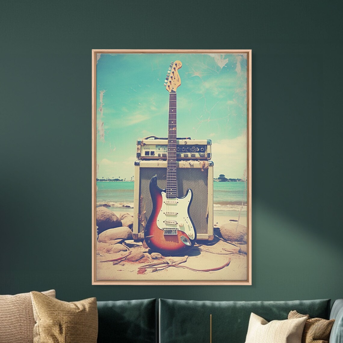 Sunburst Electric Guitar And Amp Stack On Rocky Beach Music Wall Poster - Image 3