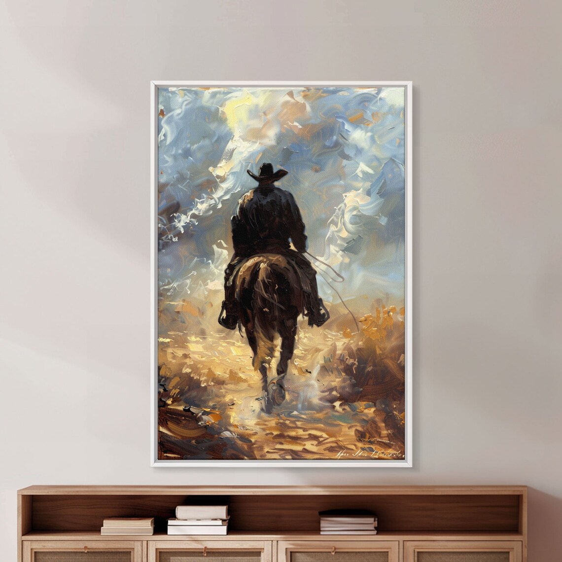 Cowboy Horseback Riding Away Golden Light Western Oil Painting Print - Image 5
