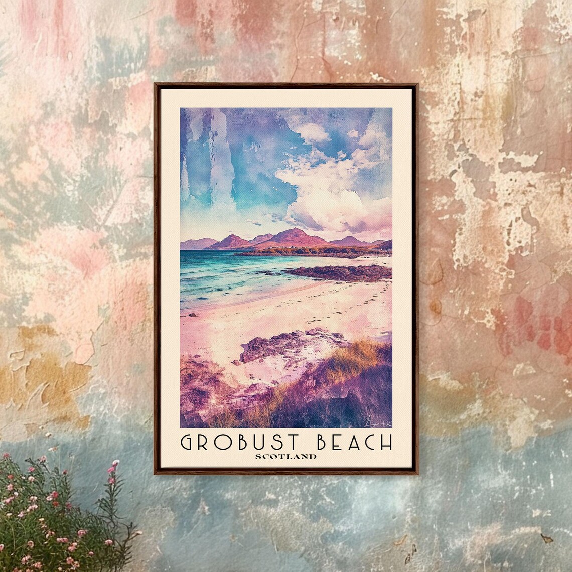 Grobust Beach Scotland Pink Sand Dunes Turquoise Sea Watercolor Poster - Image 4