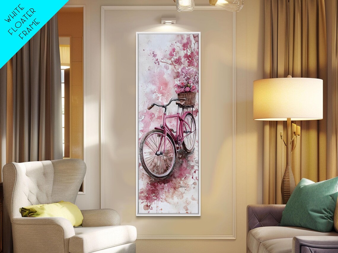Pink Vintage Bicycle With Flower Basket Cherry Blossom Wall Art - Image 4