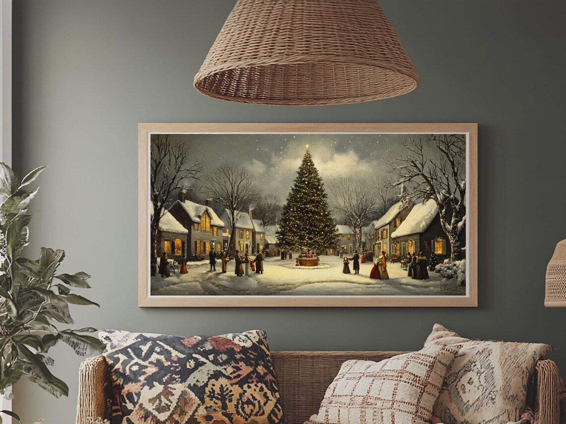 Christmas Village Dusk Snowy Street Big Lit Tree Oil Painting Print - Image 5
