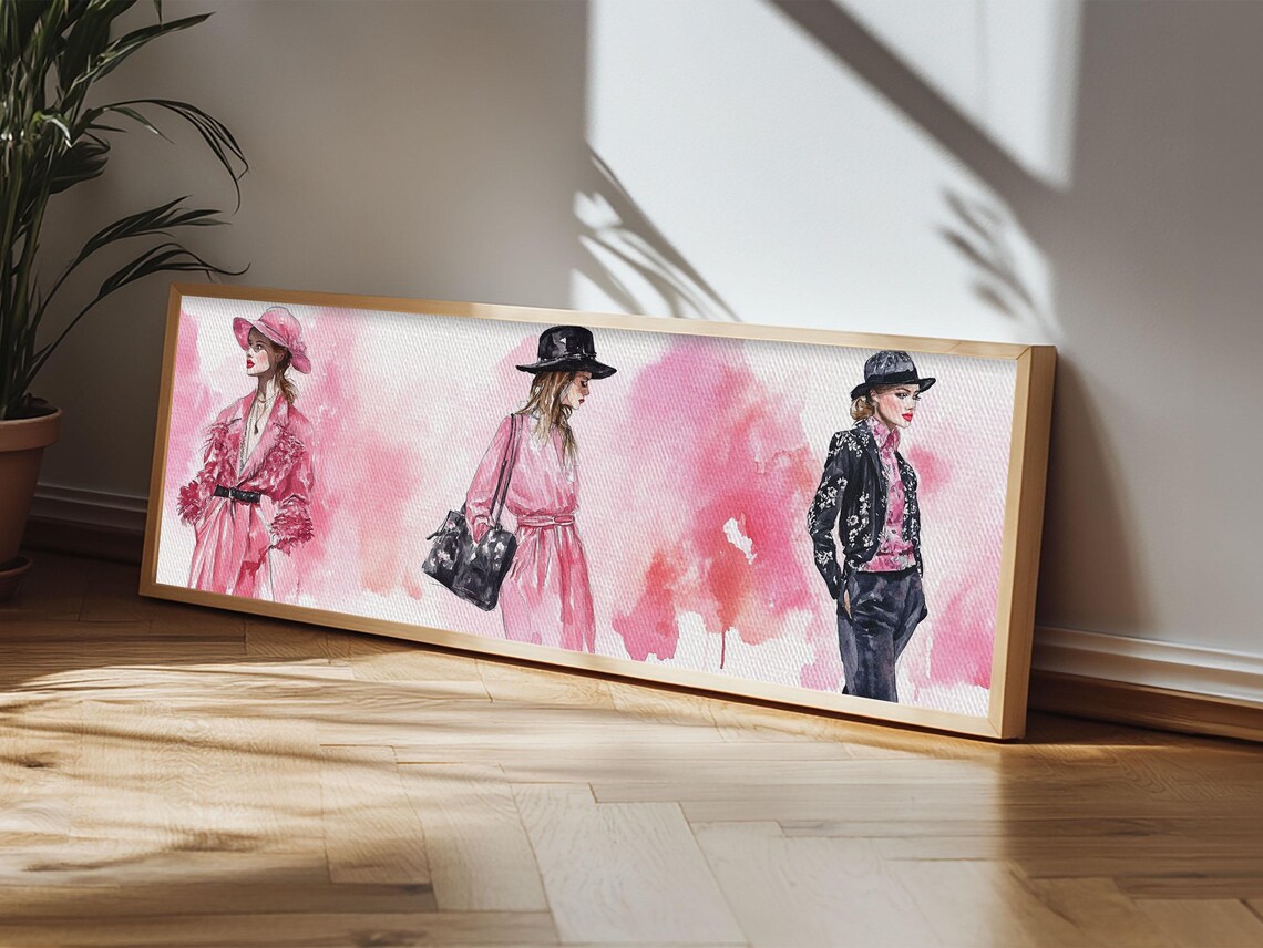 Fashion Illustration Women Pink Dresses Hats Chic Watercolor Statement Wall Poster - Image 5