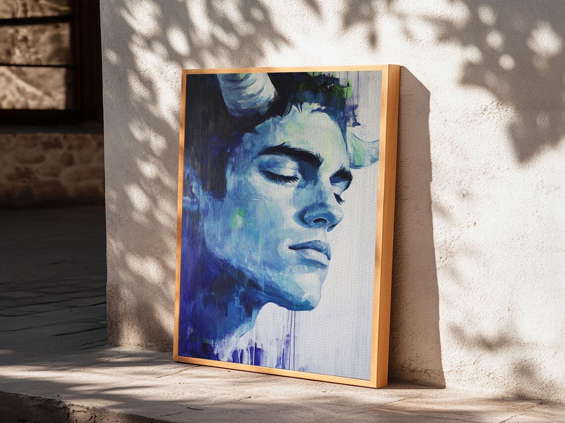 Satyr Face Watercolor Blue Eyes Closed Dreamy Fantasy Creature Art Poster - Image 6