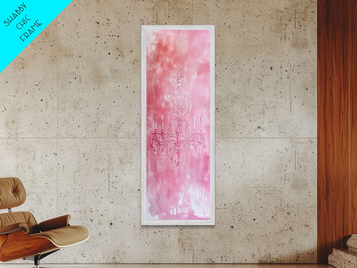 Pink Crystal Chandelier Line Art Watercolor Elegant Romantic Wall Art