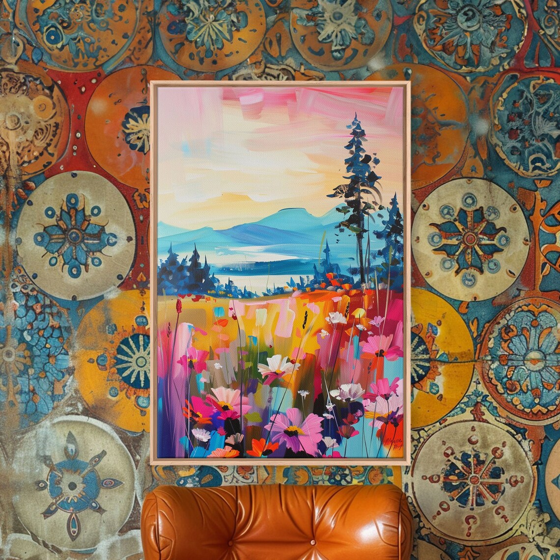 Sunset Wildflower Meadow Mountain Lake Colorful Nature Art Poster - Image 2