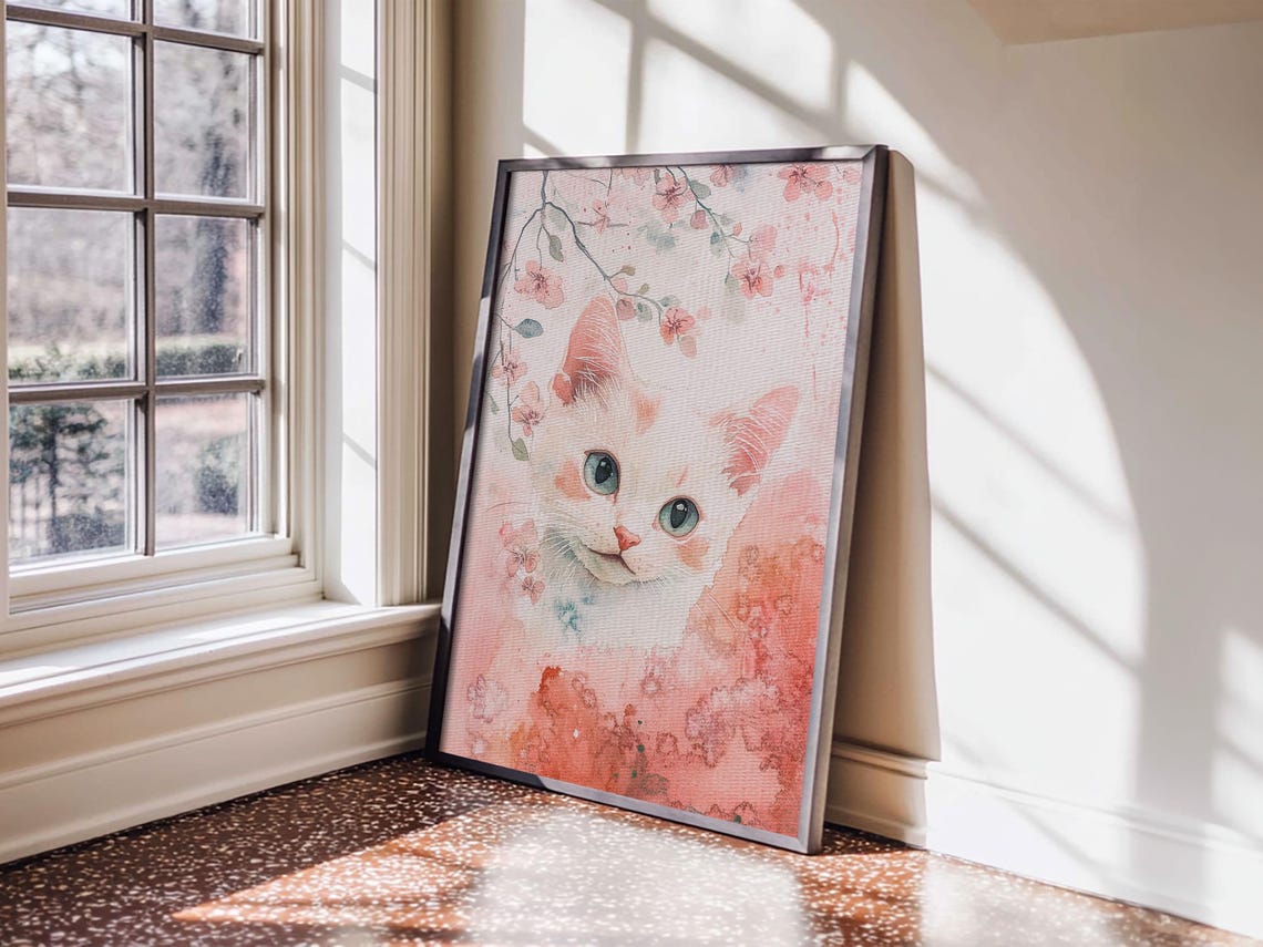 White Kitten Cherry Blossom Watercolor Cute Cat Nursery Art Poster