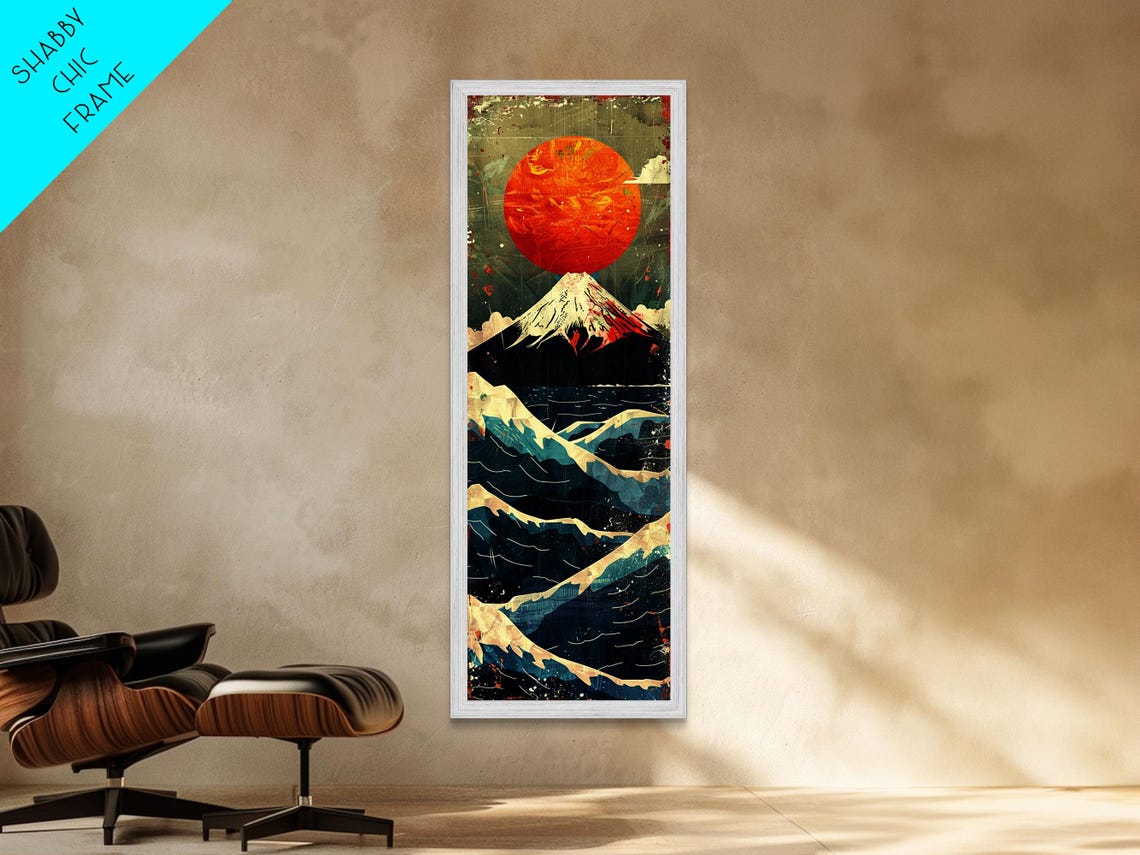 Mount Fuji Beneath Giant Red Sun Above Ocean Waves Vintage Poster - Image 6