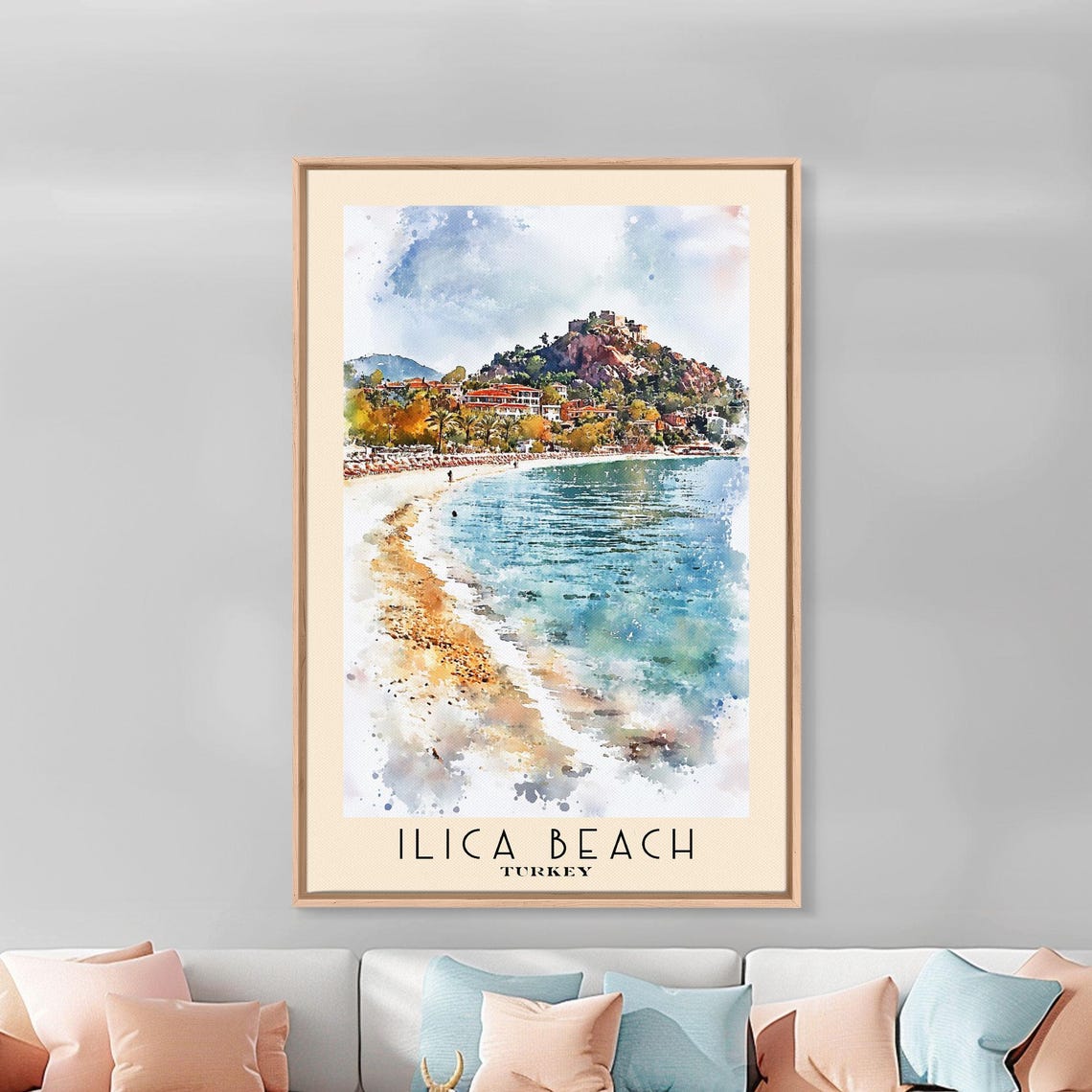 Ilica Beach Turkey Sandy Bay Castle Hill Watercolor Coastline Poster - Image 3