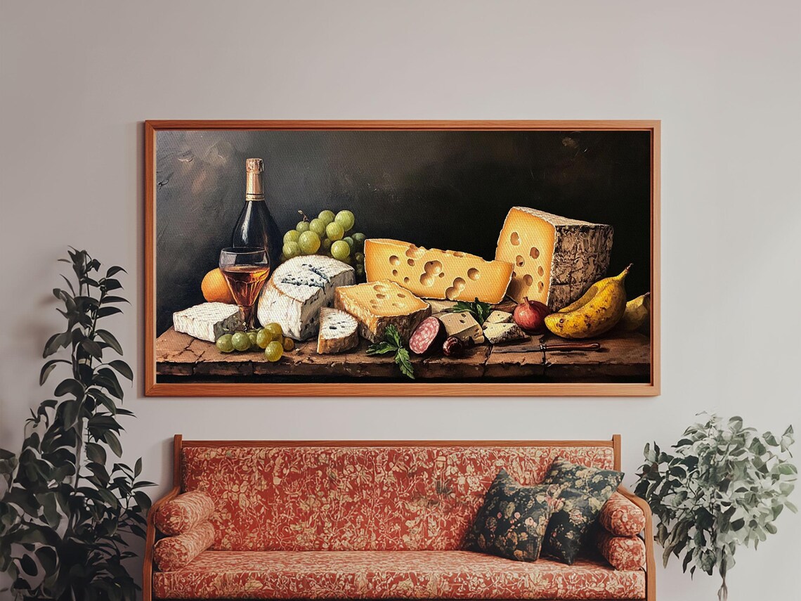 Cheese Wine Grapes And Salami Classic Still Life Painting Kitchen Print - Image 3